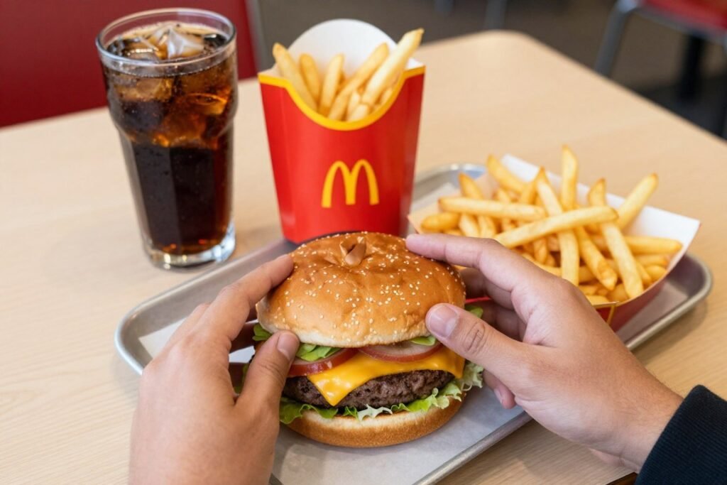 American fast food meal with burger, fries, and soda representing unhealthy dietary habits