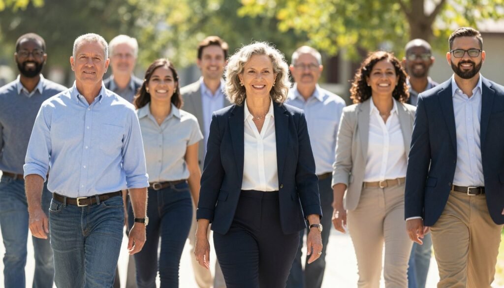 American workers of different ages walking together representing workforce diversity and future