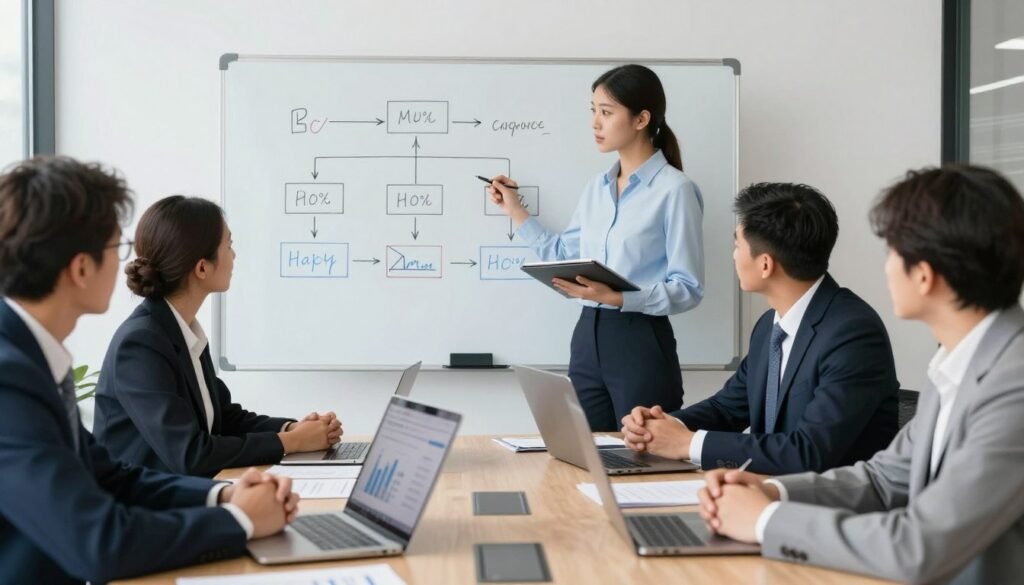 Business strategy meeting adapting to tariffs