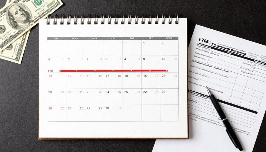 Calendar and financial documents showing EAD application timeline and costs