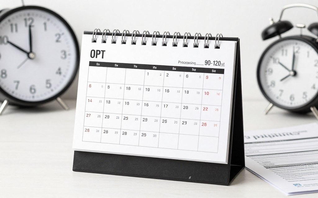 Calendar and timeline showing OPT processing time for international students