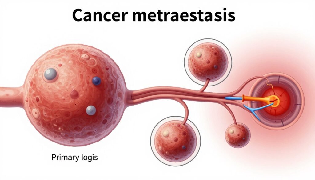 Cancer metastasis process showing spread through body
