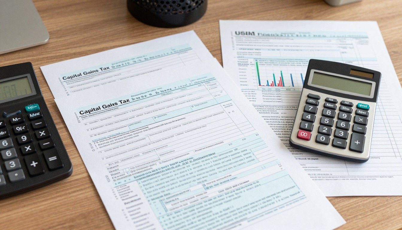 Capital gains tax calculation with investment documents and calculator