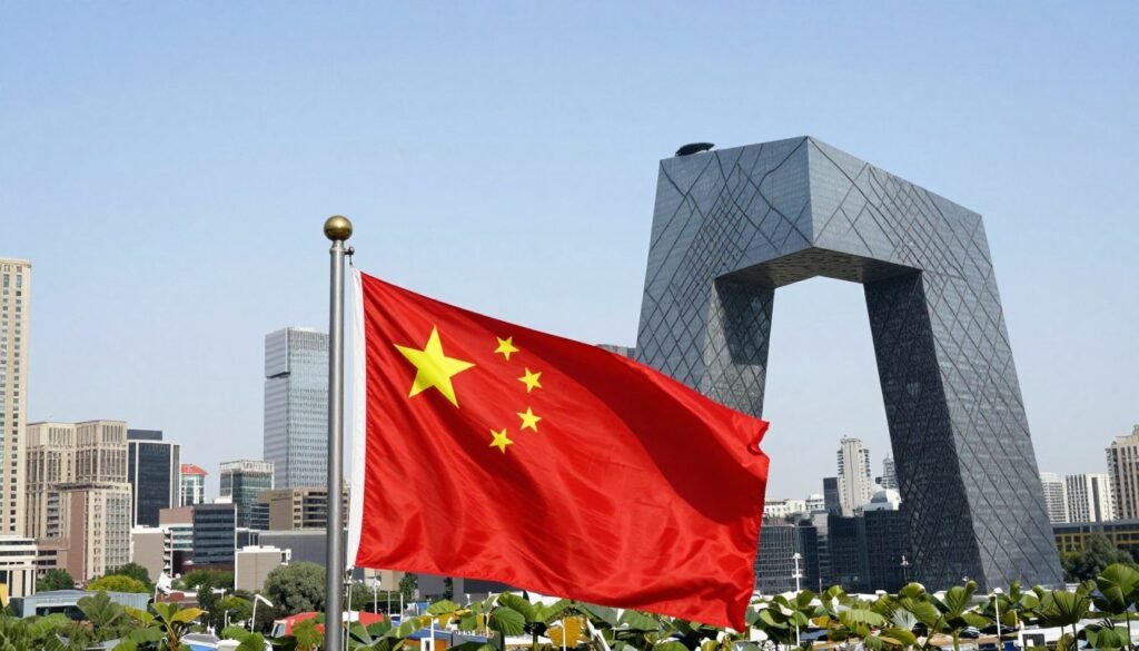 Chinese flag and Beijing skyline