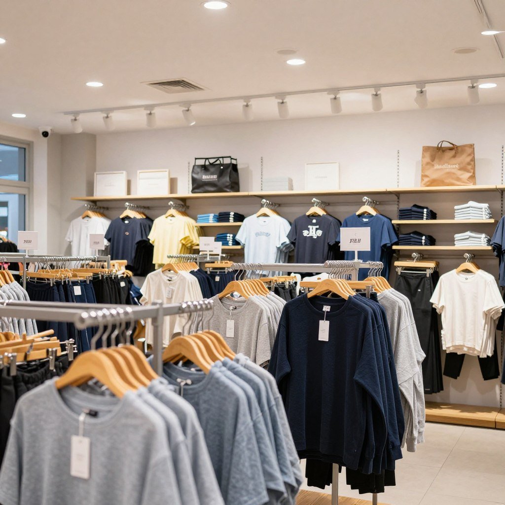 Clothing and textile products on shelves