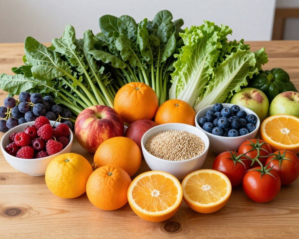 Colorful array of fresh fruits and vegetables representing DASH diet for blood pressure control