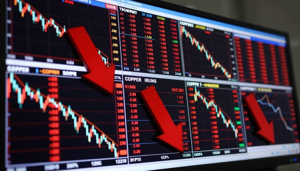 Commodity trading screens showing price declines