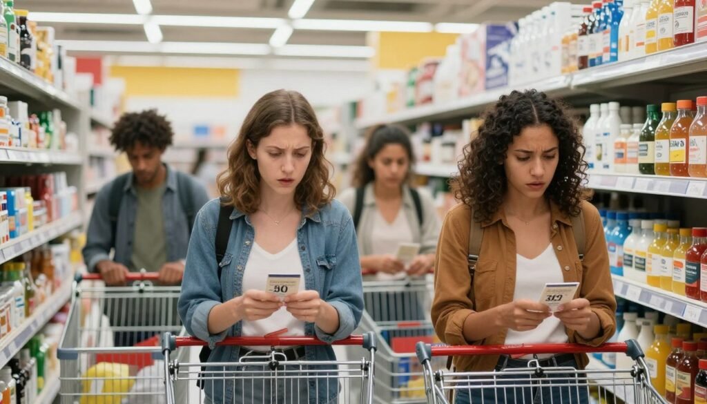 Consumers shopping in retail store checking prices