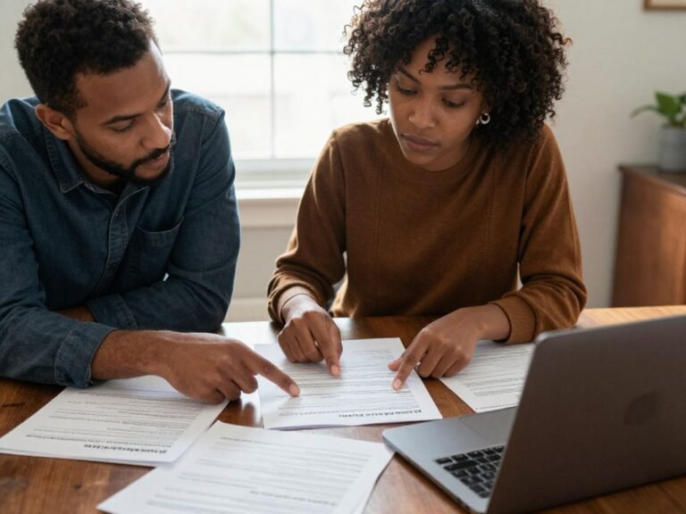 Couple reviewing marriage visa documents together at home