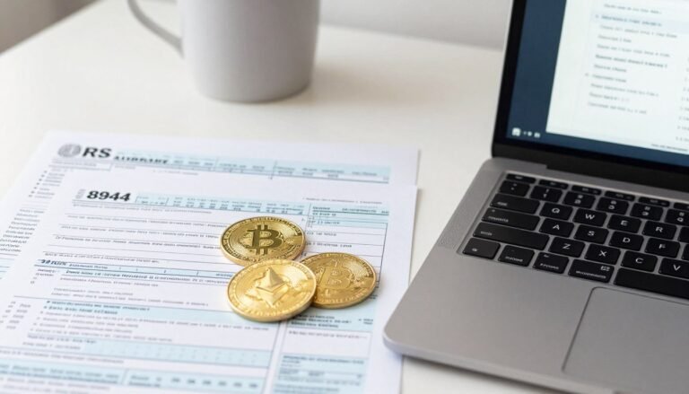 Cryptocurrency Taxes guide with Bitcoin, tax forms and IRS documents on desk
