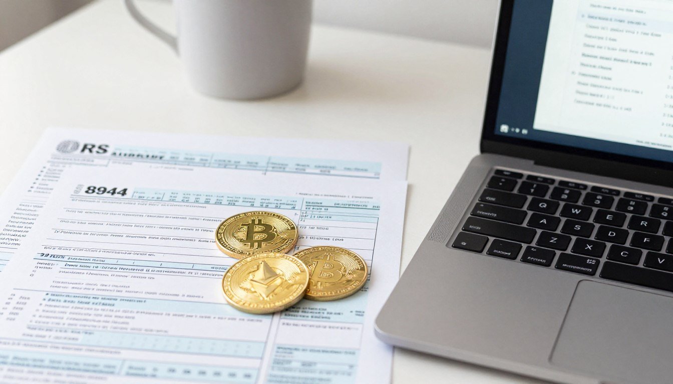 Cryptocurrency Taxes guide with Bitcoin, tax forms and IRS documents on desk