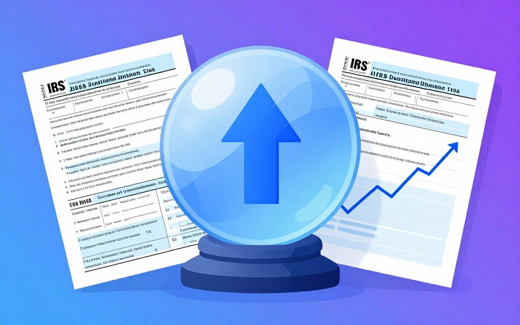 Crystal ball with tax forms showing future predictions and trends