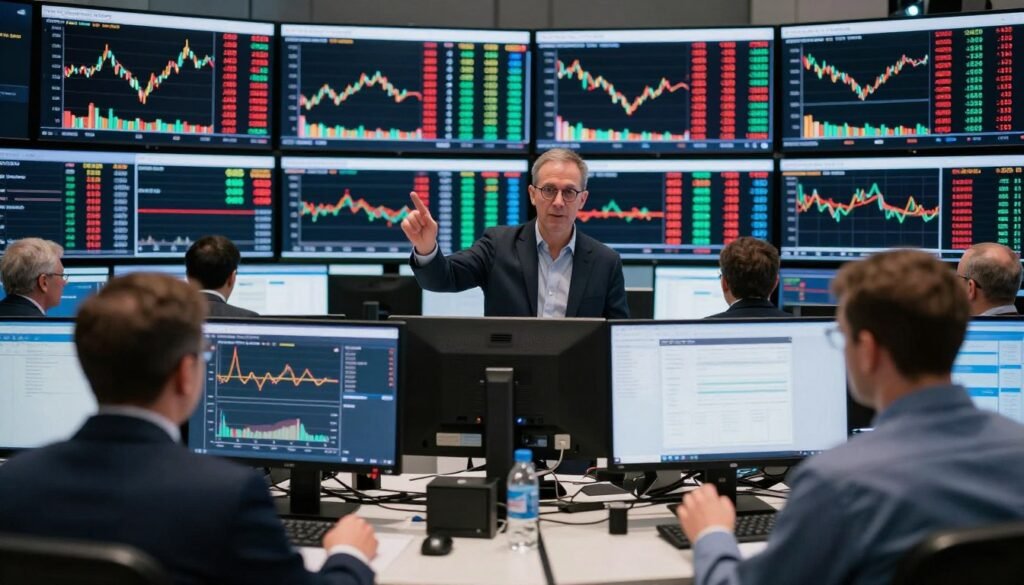 Currency trading floor with fluctuating exchange rates