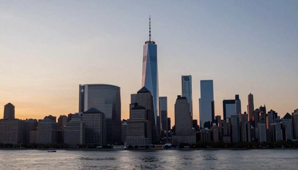 Dawn breaking over American cityscape