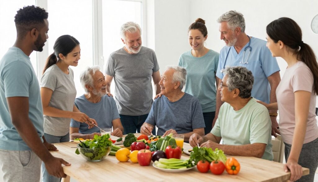Diverse group of people engaged in heart-healthy activities