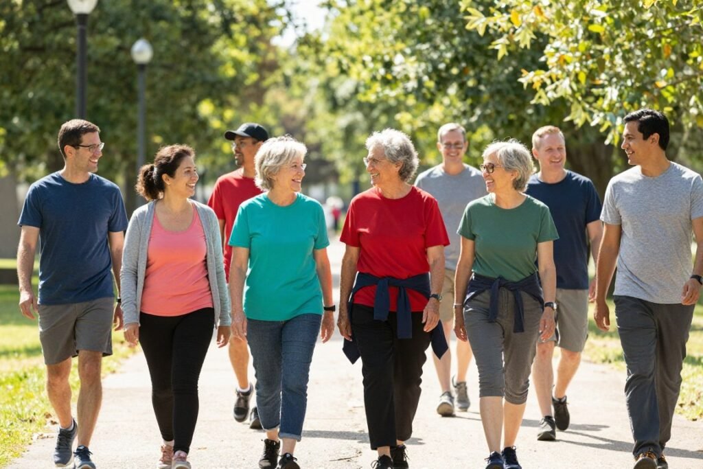 Diverse group of people walking together outdoors for exercise and health