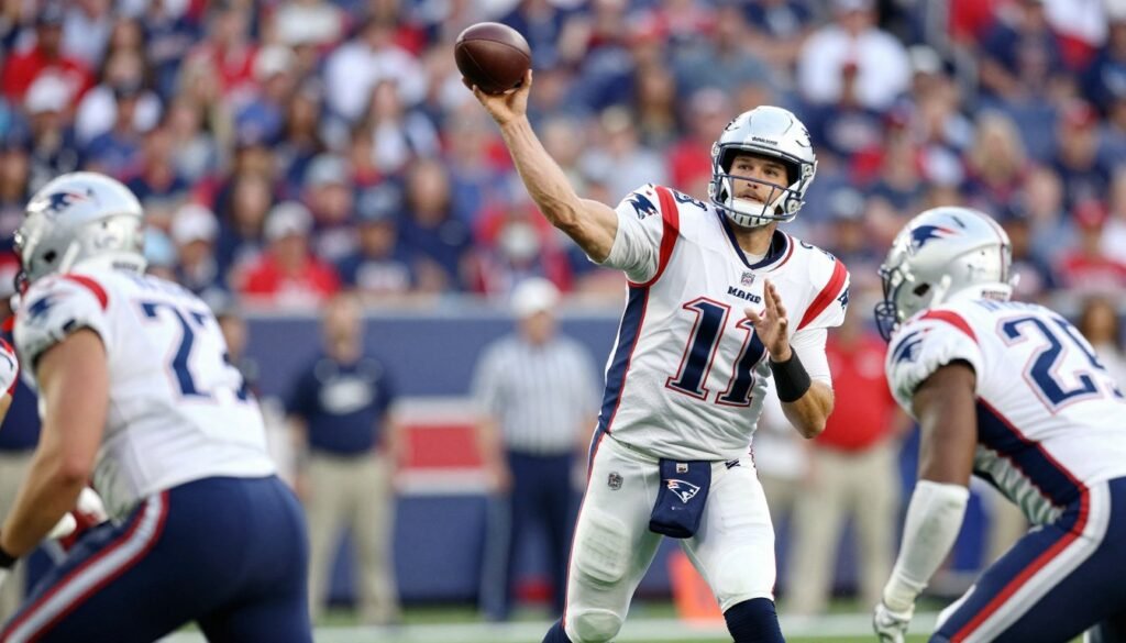 Drake Maye throwing a pass for the Patriots for Super 2026 ball final prediction