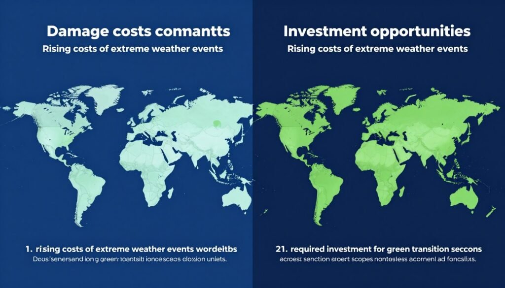 Economic impact of climate change showing costs of extreme weather events and transition investments