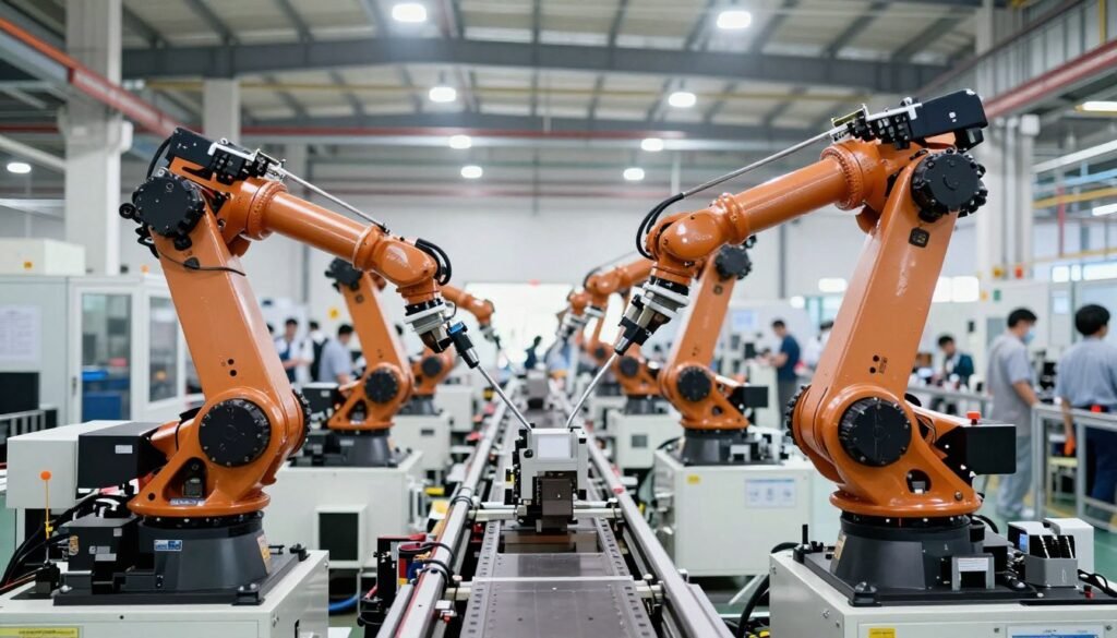 Factory automation robots representing technological displacement of workers