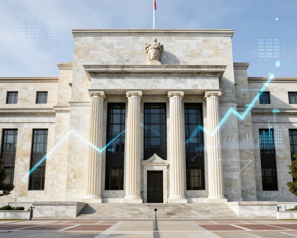Federal Reserve building in Washington DC with economic indicators overlay