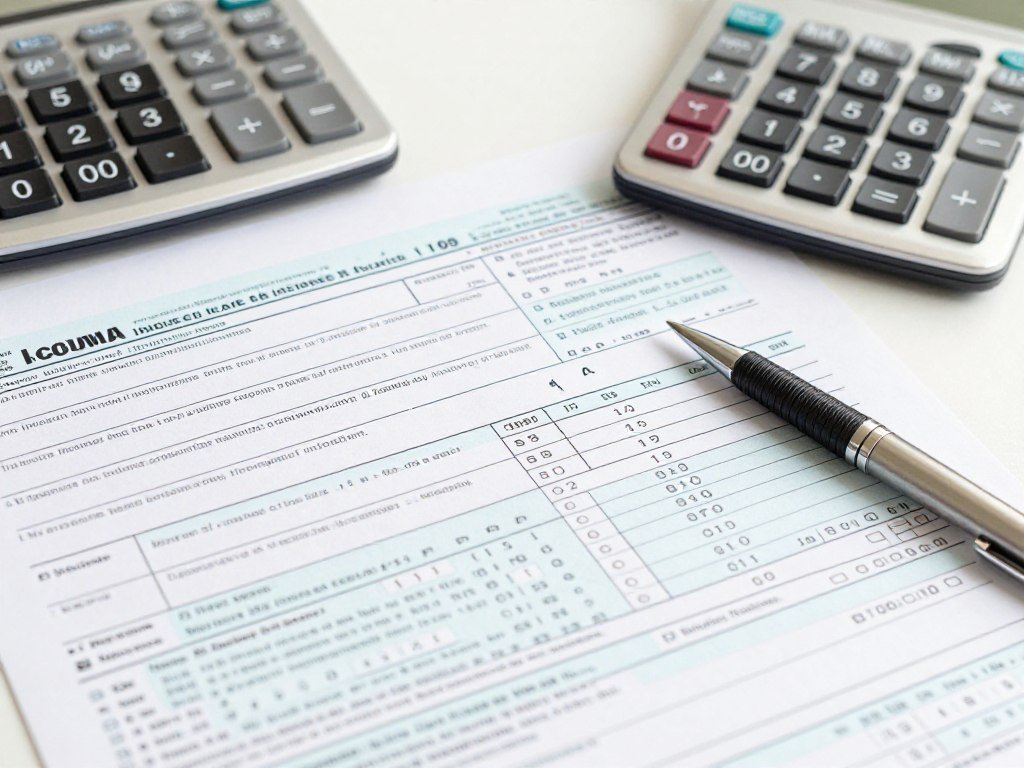 Federal income tax documents with calculator showing tax brackets