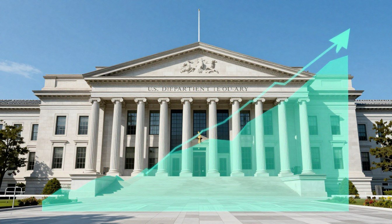 Federal tax policy and economy concept showing treasury building and economic growth charts