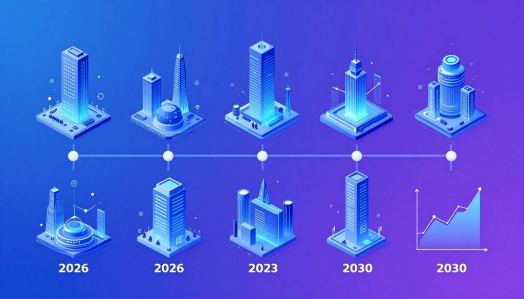 Future economic outlook visualization showing scenarios for big tech market concentration through 2030