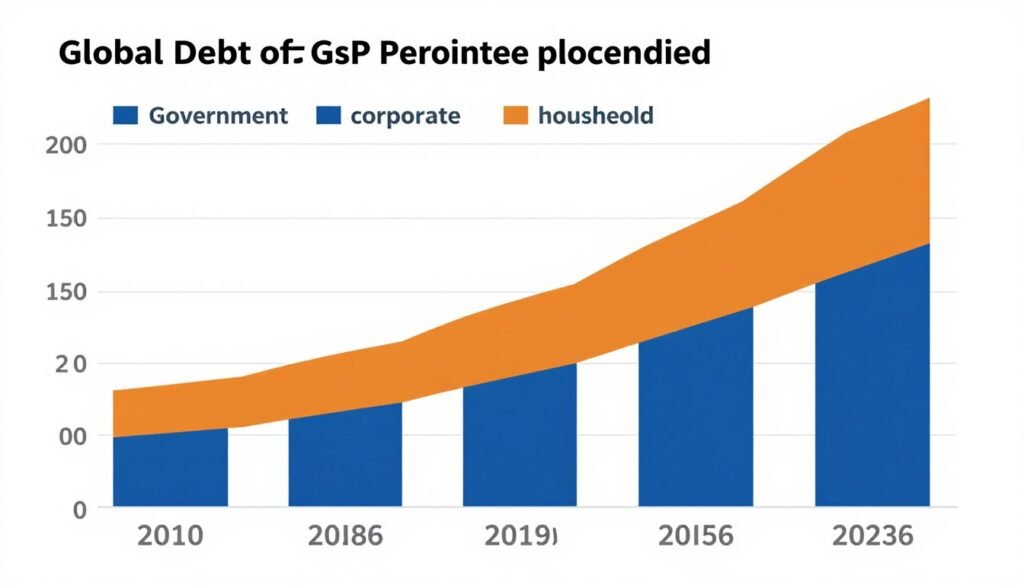 Global debt levels chart showing the rise in government, corporate and household debt across major economies