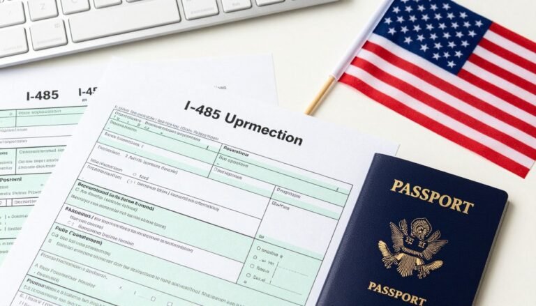 Green card process step-by-step overview showing application forms and American flag