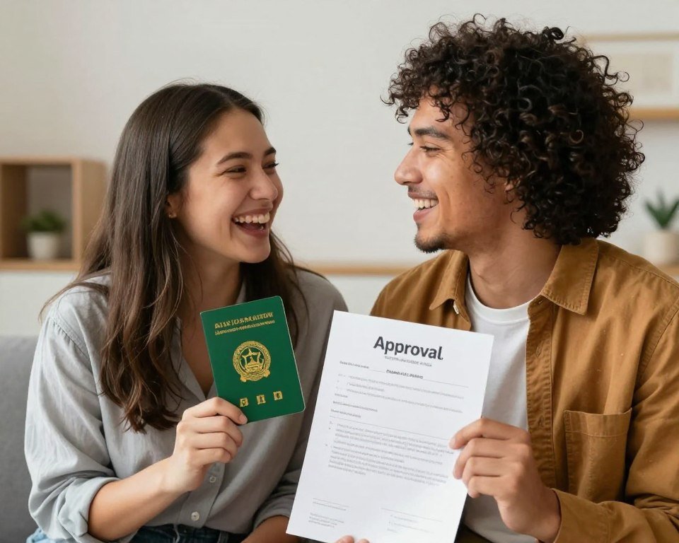 Happy couple celebrating marriage green card approval