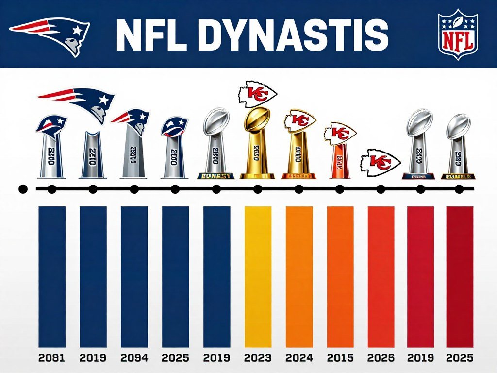 Historical Super Bowl dynasty timeline showing championship cycles for Super 2026 ball final prediction