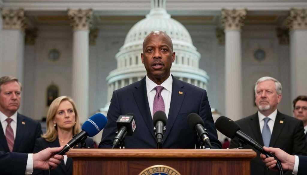 House Speaker Mike Johnson addressing reporters about political pressure on government funding and immigration policy