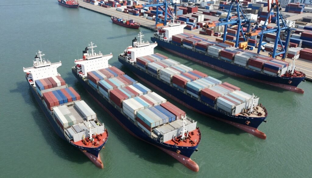 Idle cargo ships in harbor