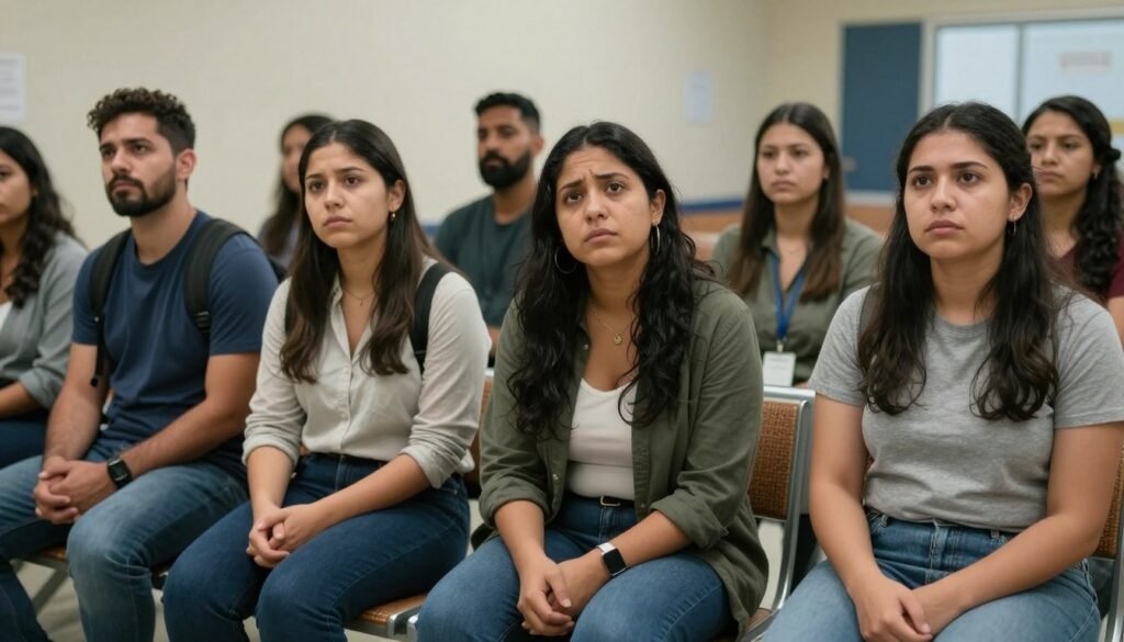 Immigrants waiting at a processing center, representing those affected by changing immigration policies