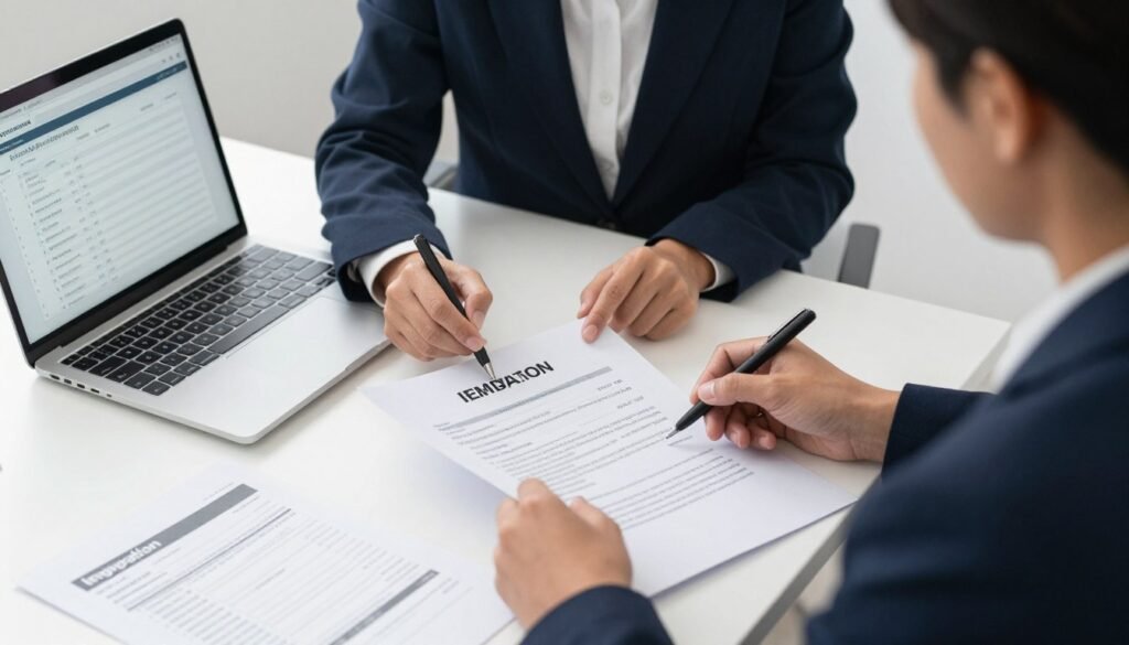 Immigration consultant reviewing application documents with client showing proper preparation
