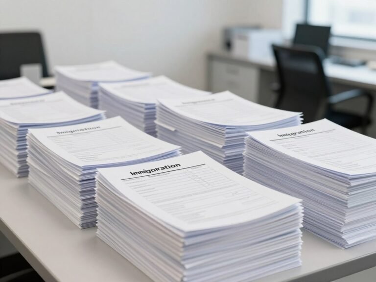 Immigration processing delays concept showing application forms in queue waiting for review