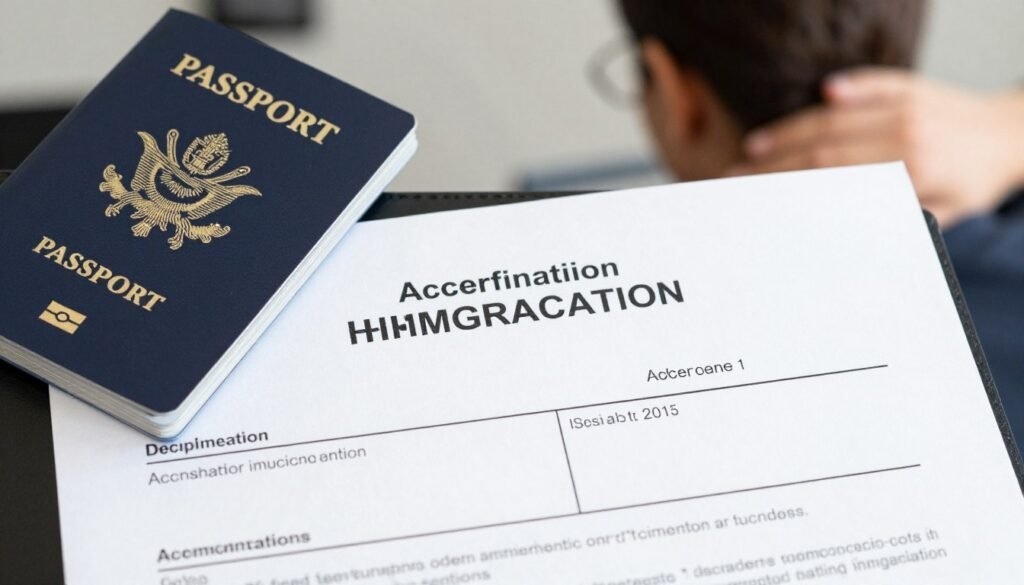 Immigration success concept showing approved application documents and passport