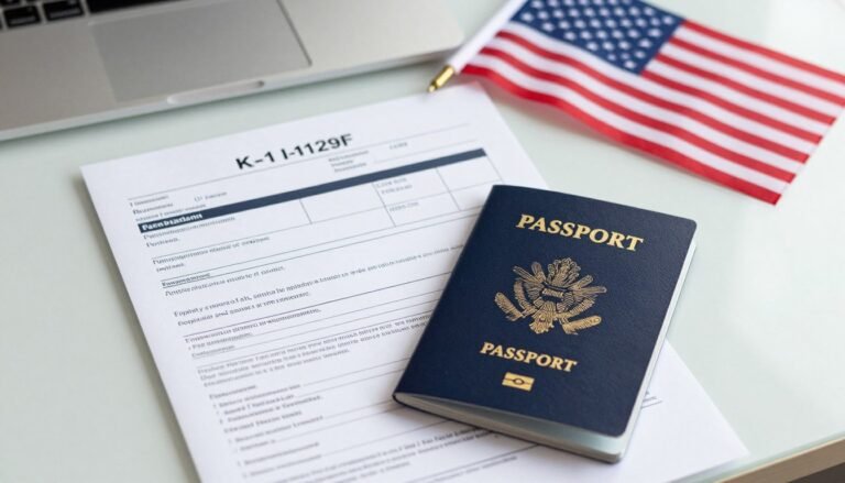 K-1 Fiancé Visa Requirements application documents and United States flag