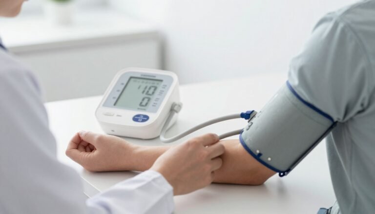 Medical professional measuring blood pressure on patient's arm with digital monitor