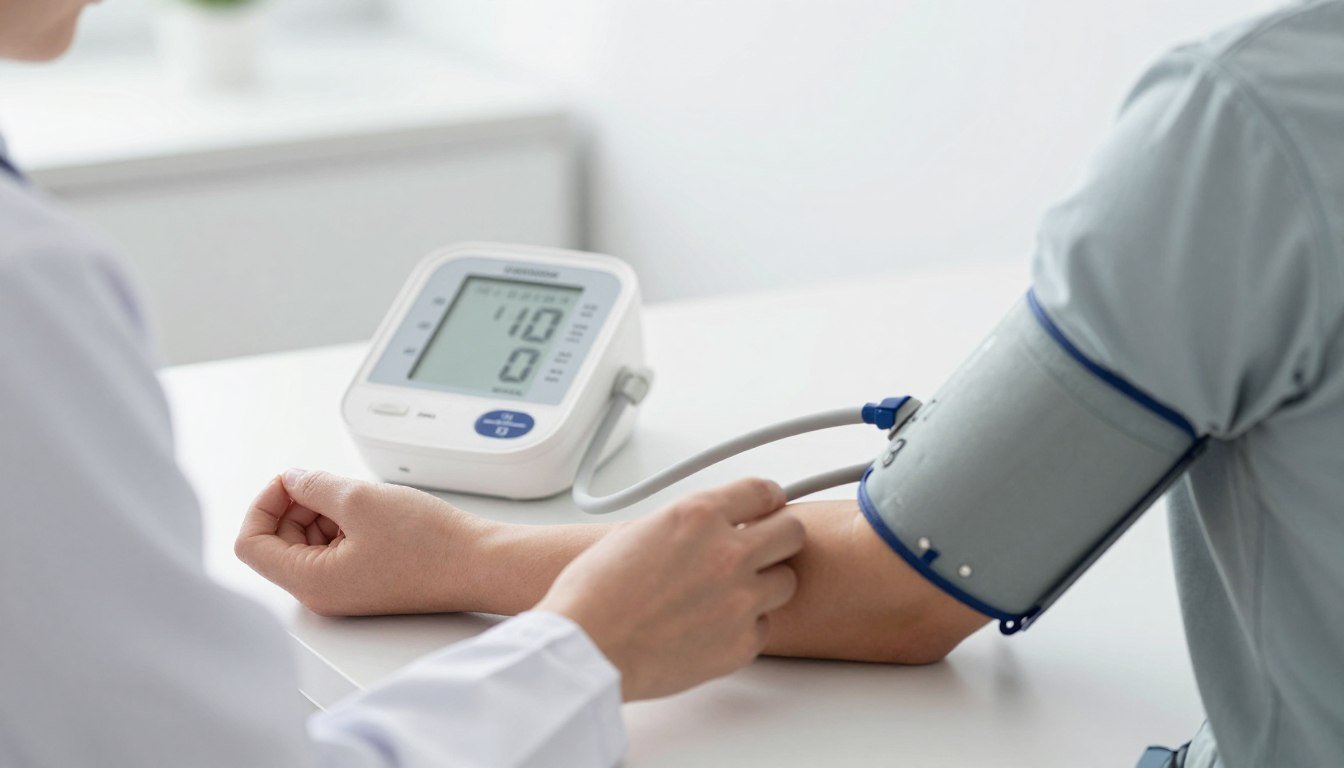 Medical professional measuring blood pressure on patient's arm with digital monitor