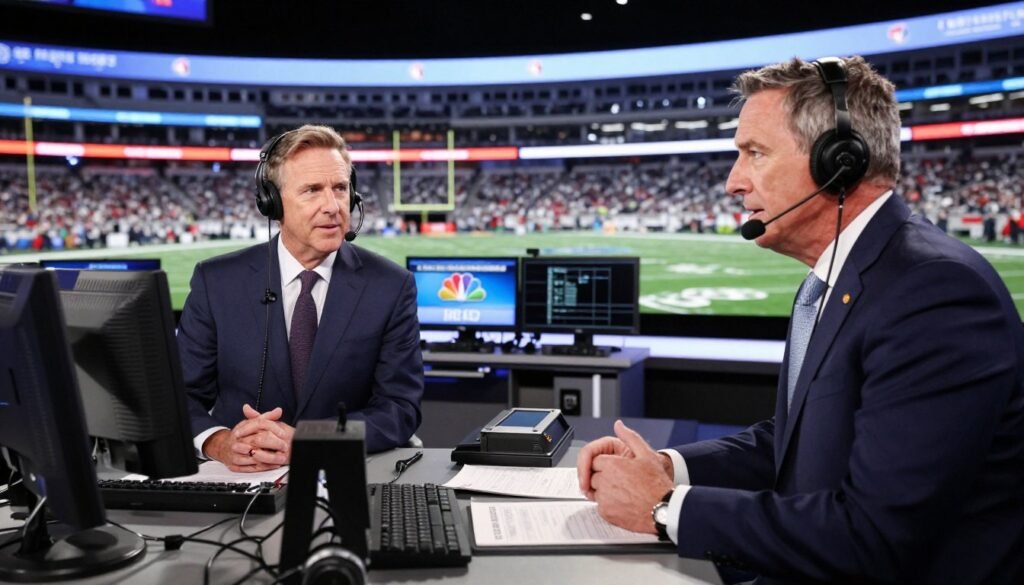 NBC broadcast booth with Mike Tirico and Cris Collinsworth preparing for a game