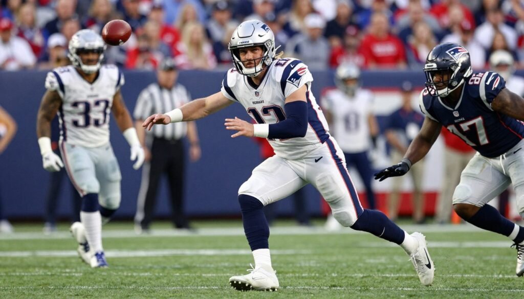 Patriots quarterback Drake Maye scrambling out of the pocket during a playoff game