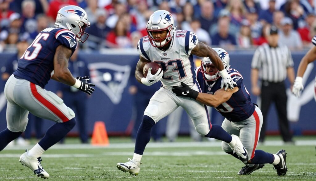 Patriots running back TreVeyon Henderson breaking a tackle during a playoff game