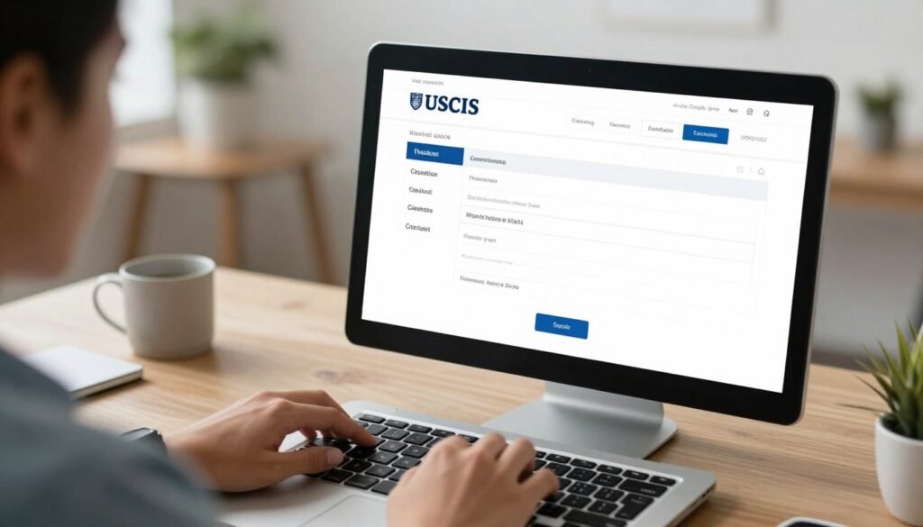 Person checking immigration case status online using USCIS website on computer