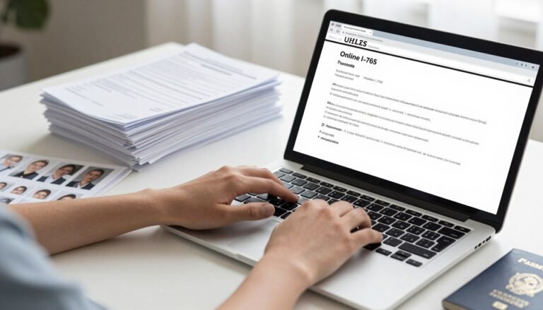 Person completing Form I-765 application on computer with documents nearby
