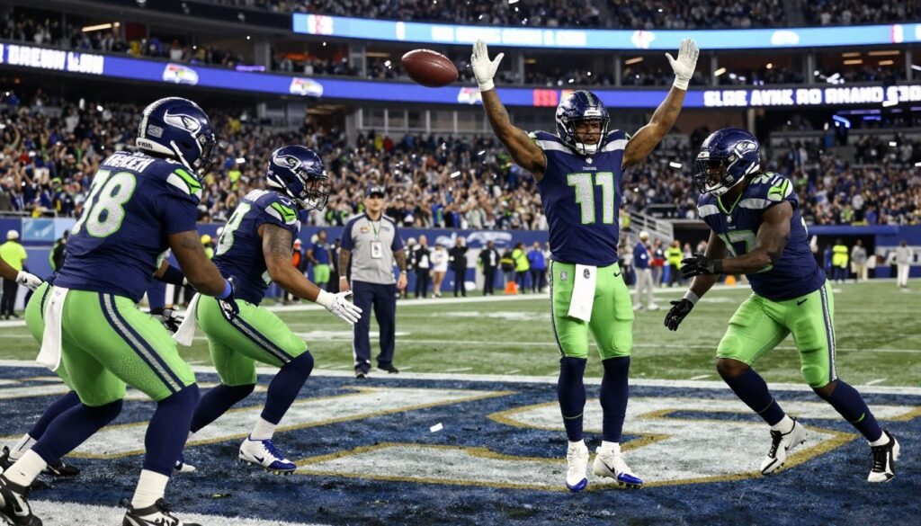 Potential Super Bowl MVP Kenneth Walker III celebrating a touchdown for Super 2026 ball final prediction