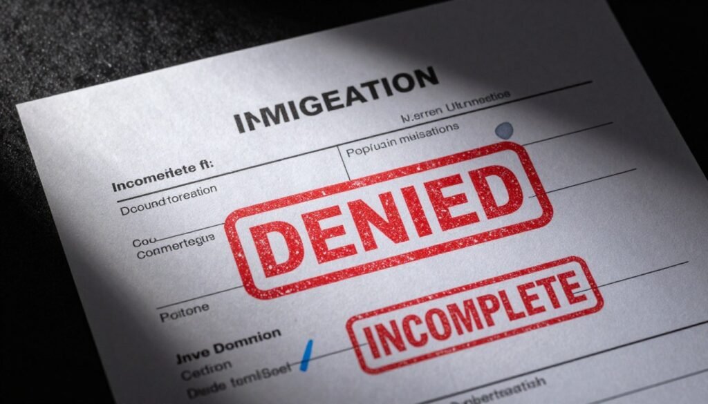 Red warning stamps showing common green card application errors and mistakes