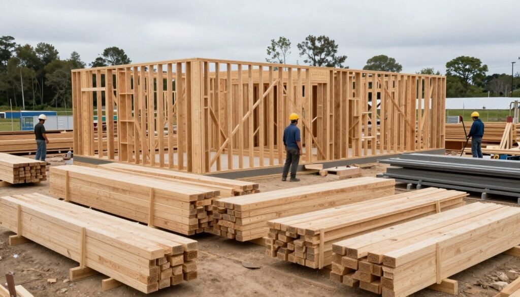 Residential construction site with materials