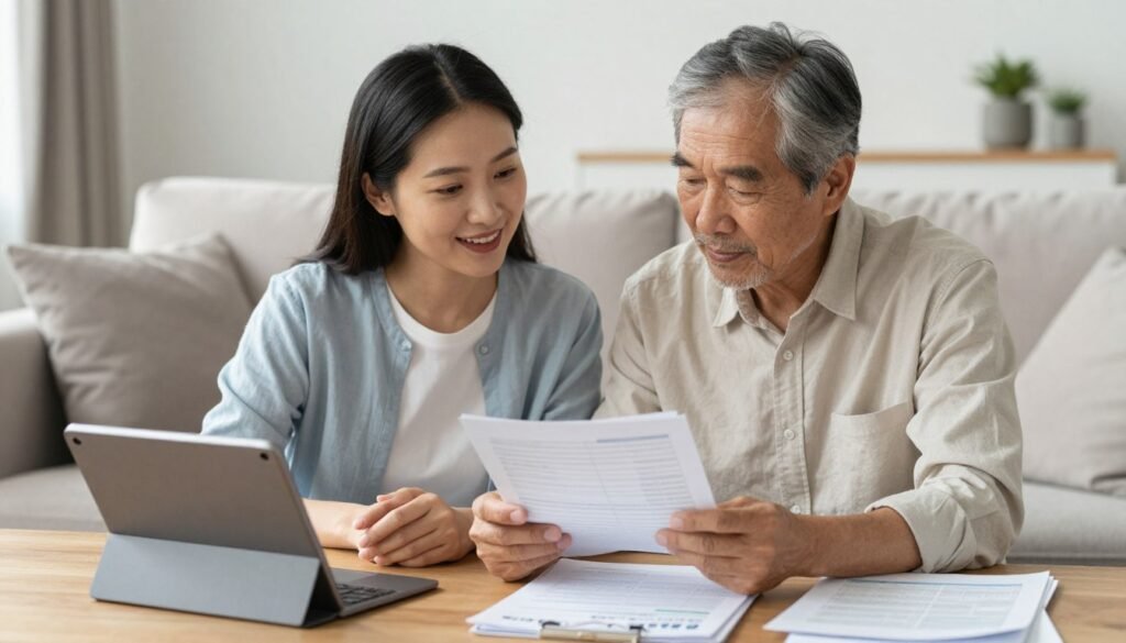 Retiree couple reviewing investment income and tax policy documents