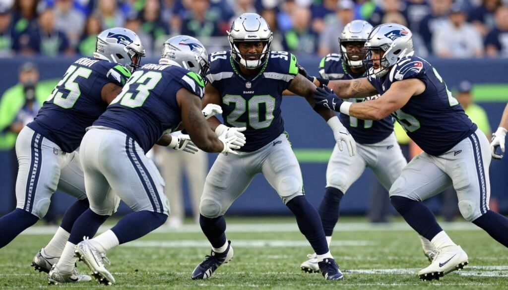 Seattle Seahawks defensive line pressuring the quarterback for Super 2026 ball final prediction
